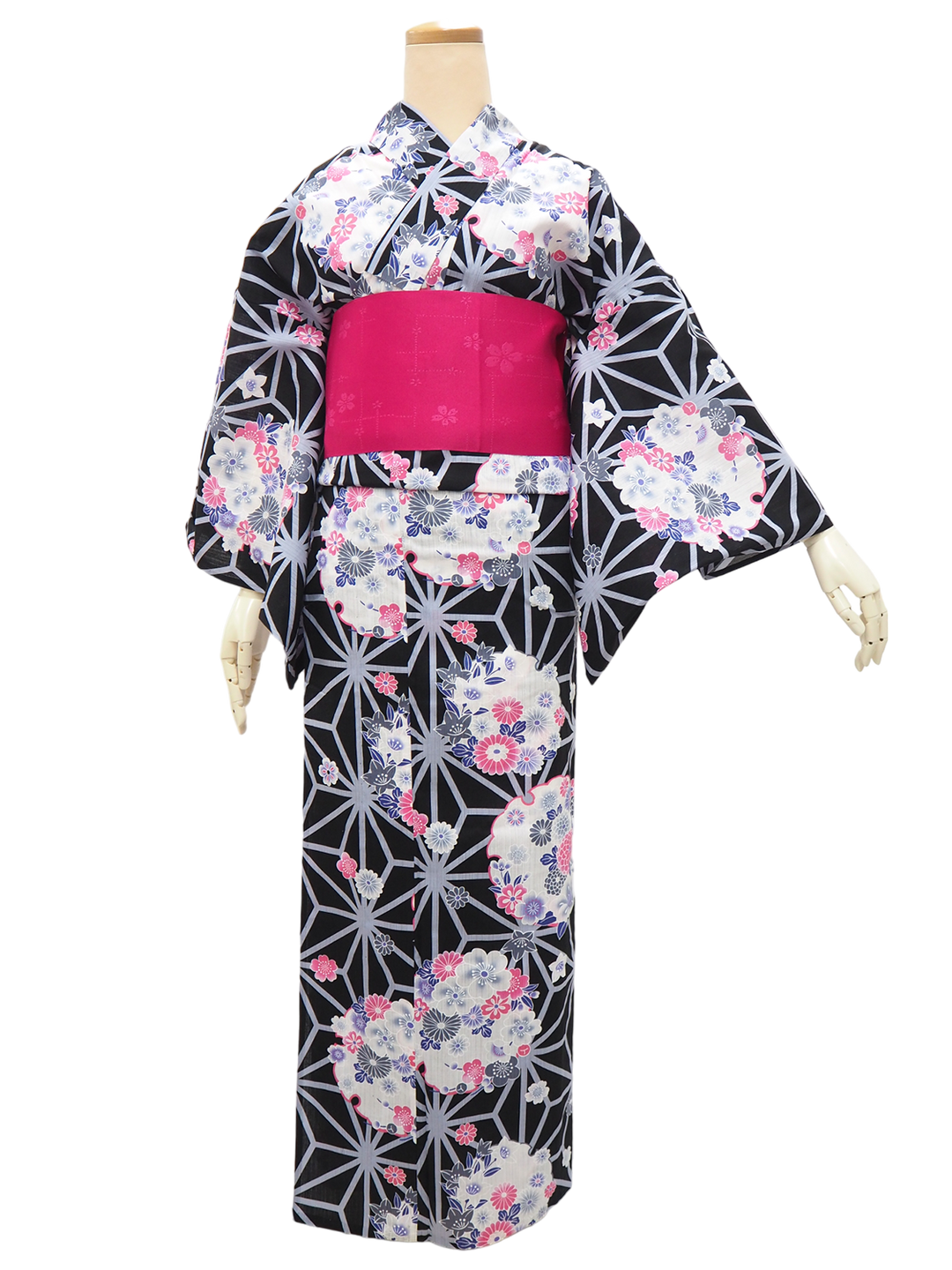 Women's Yukata Coordinate Set of 3 For Beginners : Black Yukata & Dark Pink Obi