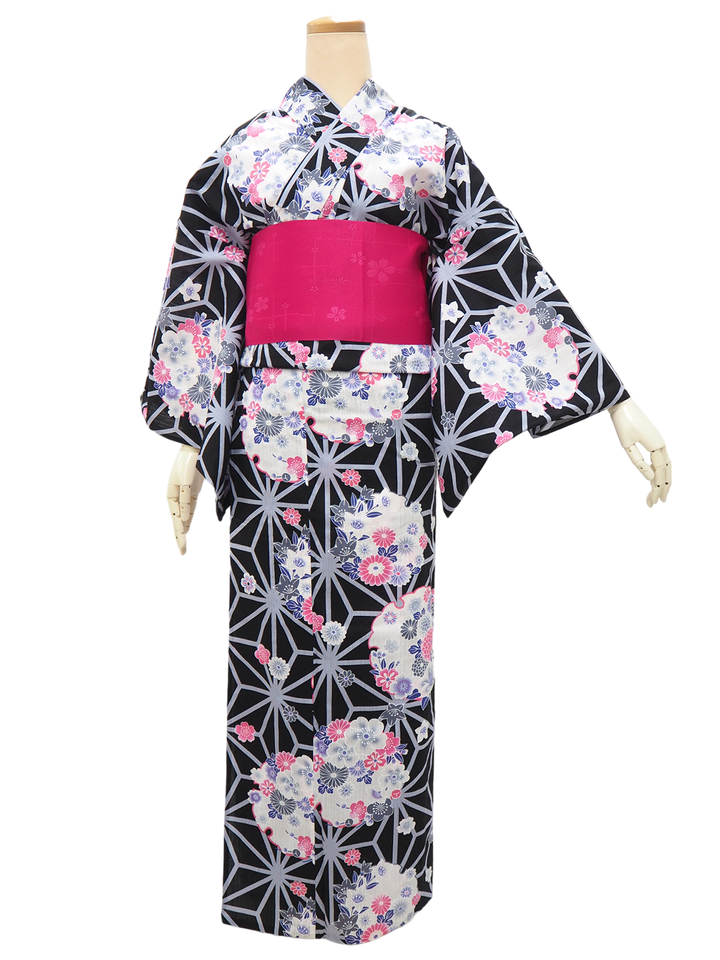 Women's Yukata Coordinate Set of 3 For Beginners : Black Yukata & Dark Pink Obi