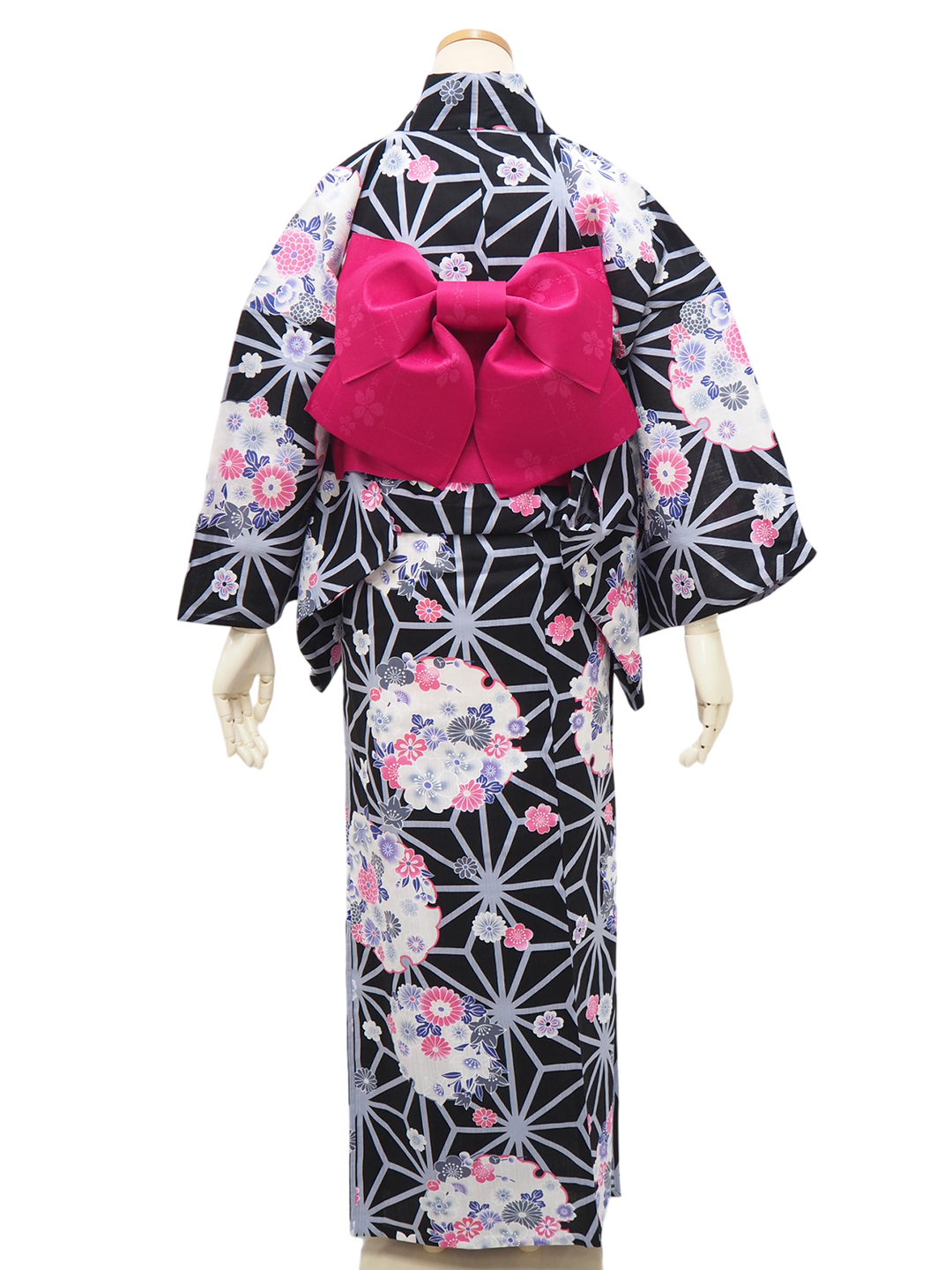 Women's Yukata Coordinate Set of 3 For Beginners : Black Yukata & Dark Pink Obi