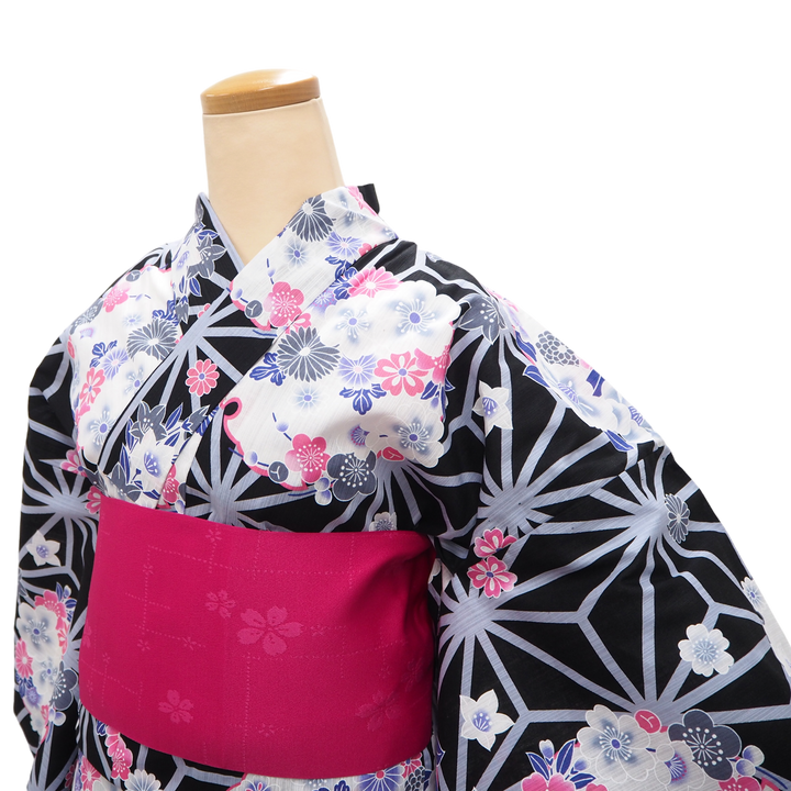 Women's Yukata Coordinate Set of 3 For Beginners : Black Yukata & Dark Pink Obi