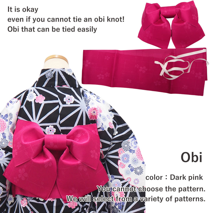 Women's Yukata Coordinate Set of 3 For Beginners : Black Yukata & Dark Pink Obi