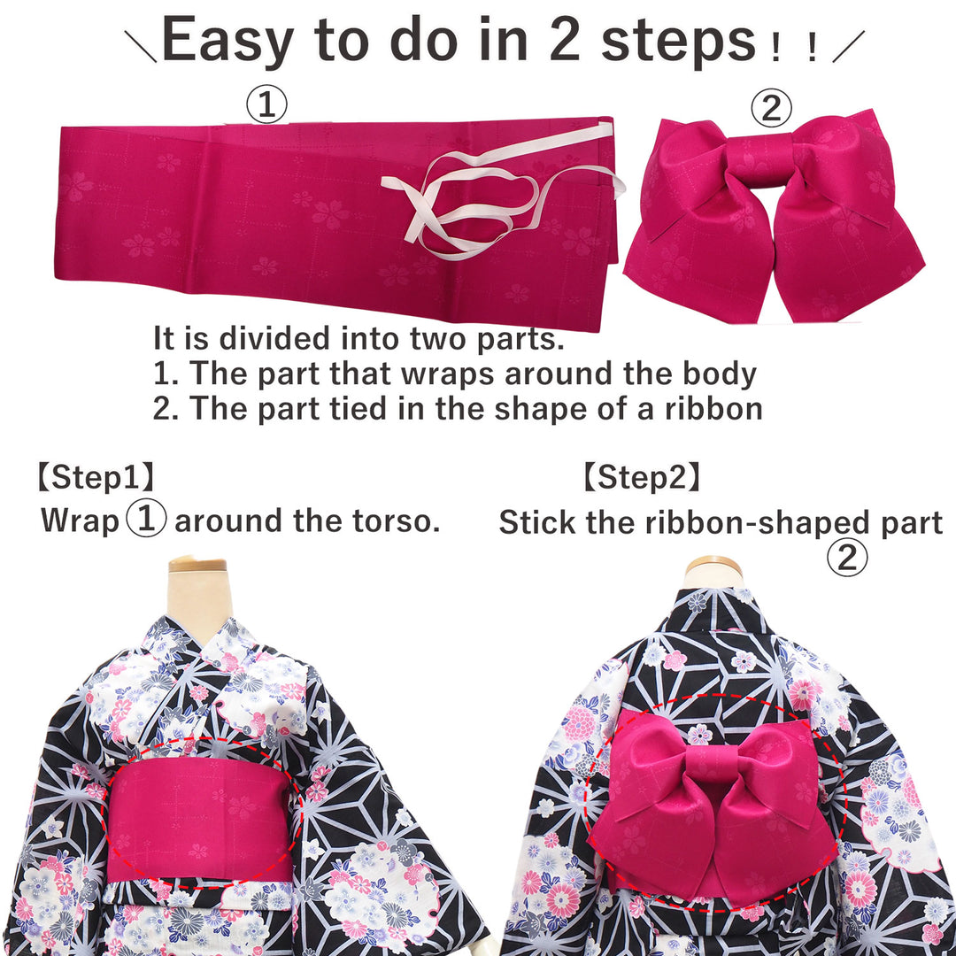 Women's Yukata Coordinate Set of 3 For Beginners : Black Yukata & Dark Pink Obi