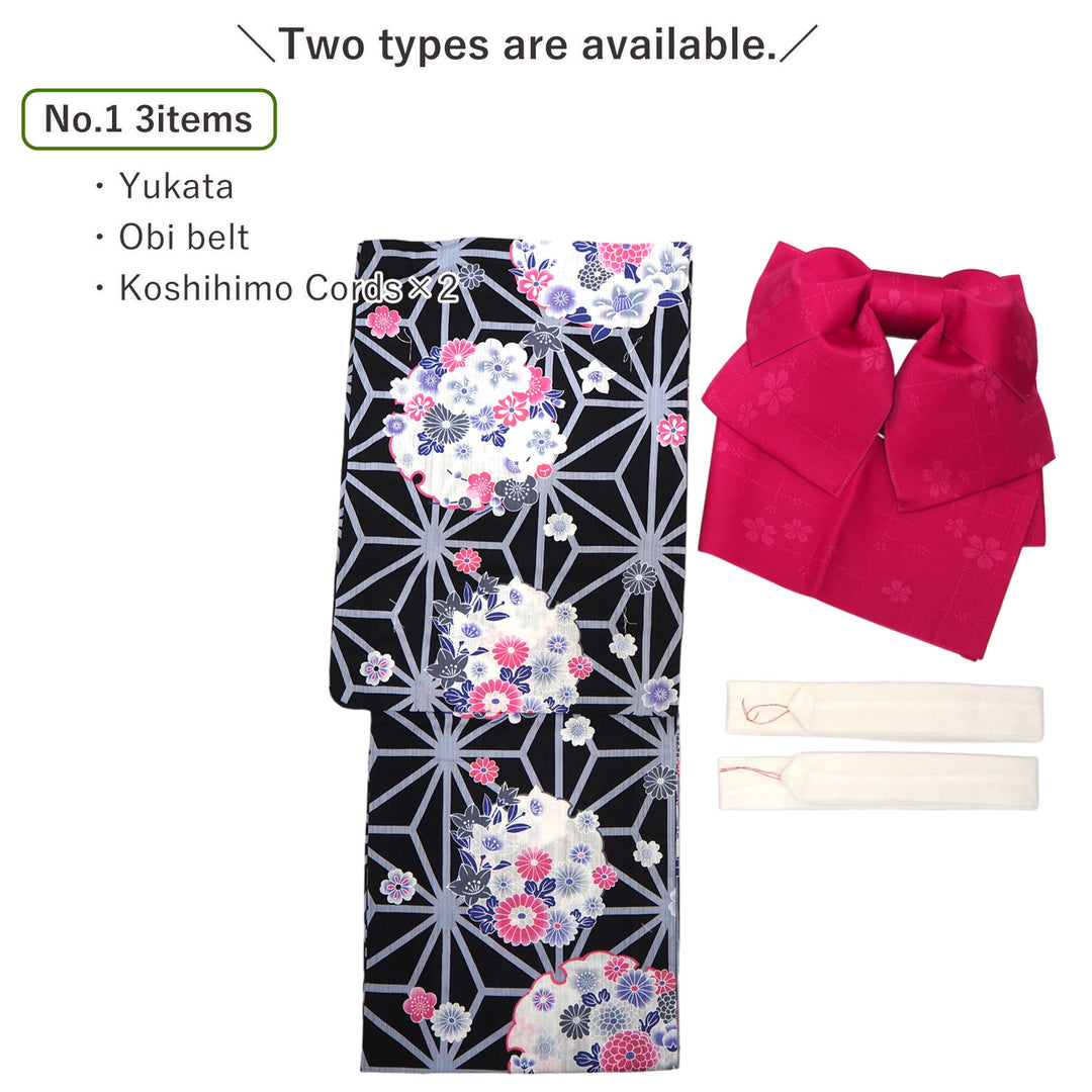 Women's Yukata Coordinate Set of 3 For Beginners : Black Yukata & Dark Pink Obi