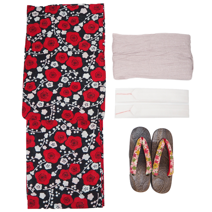 Women's Yukata Coordinate Set of 3 For Beginners : Black Yukata & Pink-gray Obi