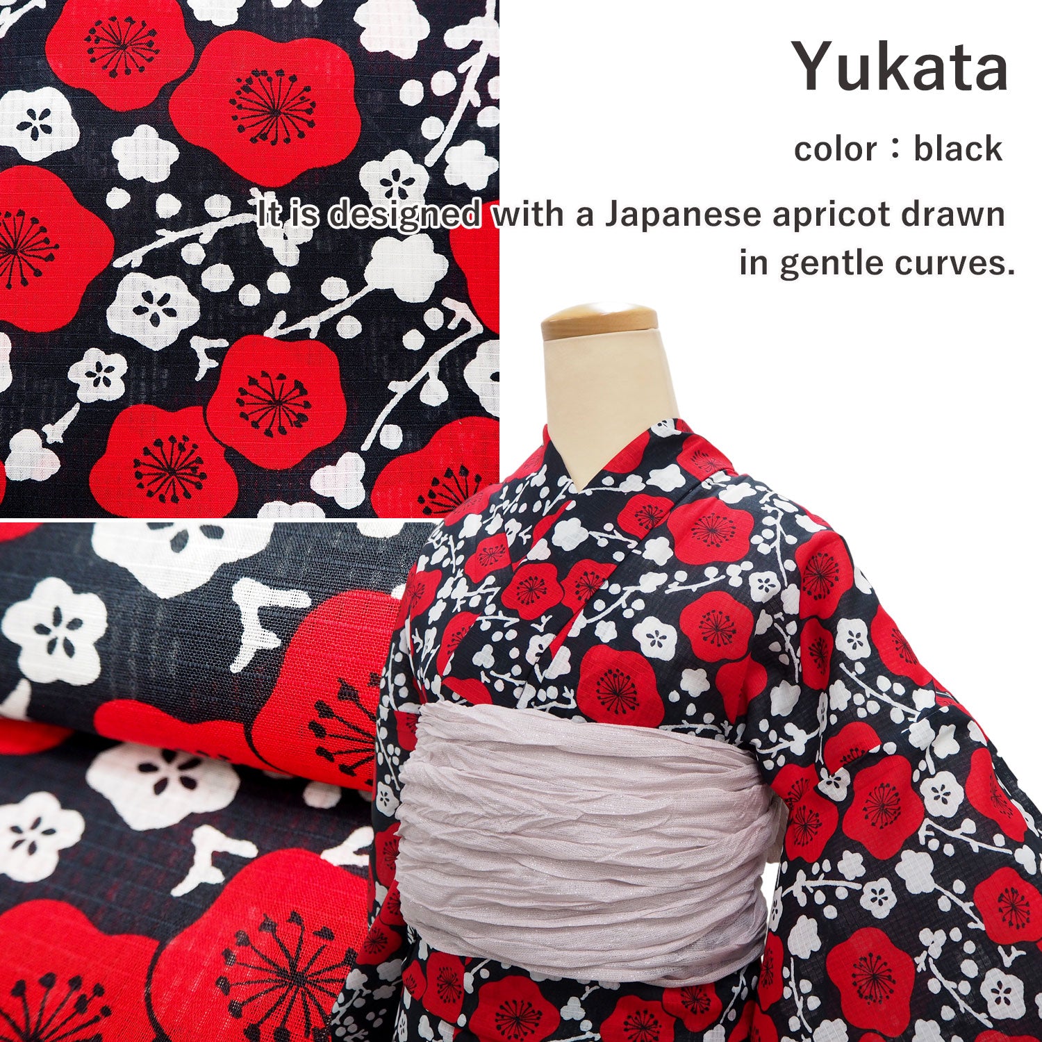 Women's Cotton Yukata Coordinate Set For Beginners : Black, Red