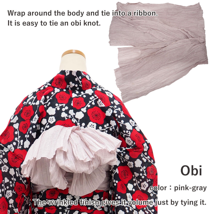 Women's Yukata Coordinate Set of 3 For Beginners : Black Yukata & Pink-gray Obi