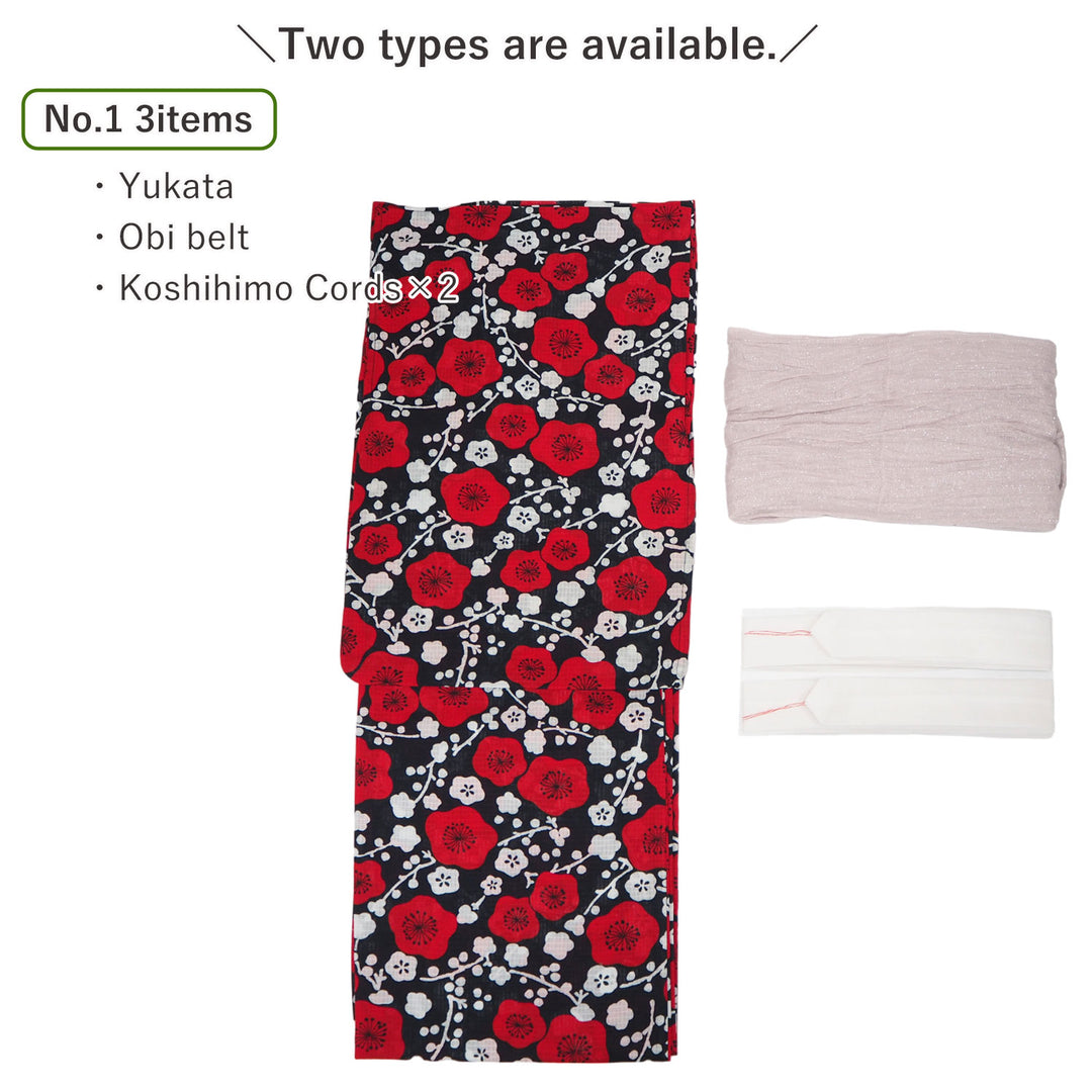 Women's Yukata Coordinate Set of 3 For Beginners : Black Yukata & Pink-gray Obi