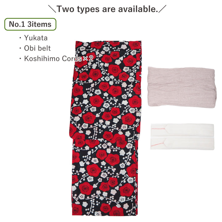 Women's Yukata Coordinate Set of 3 For Beginners : Black Yukata & Pink-gray Obi