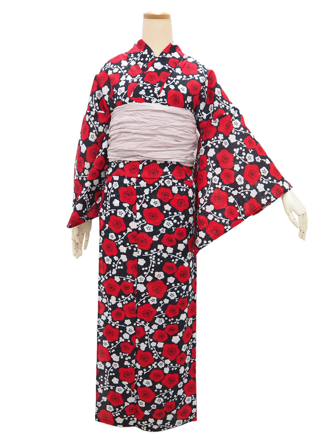 Women's Yukata Coordinate Set of 3 For Beginners : Black Yukata & Pink-gray Obi