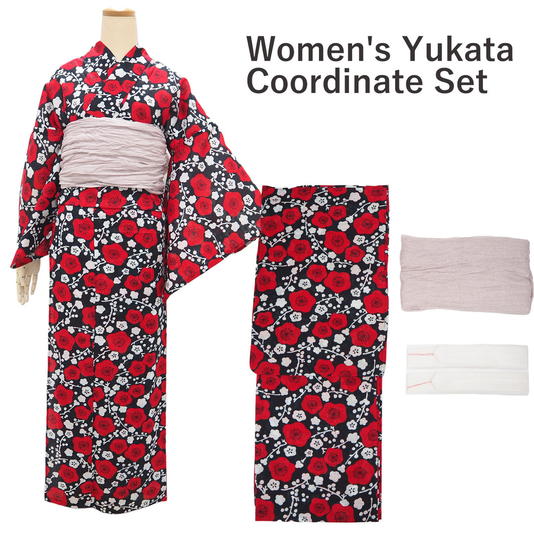 Women's Yukata Coordinate Set of 3 For Beginners : Black Yukata & Pink-gray Obi