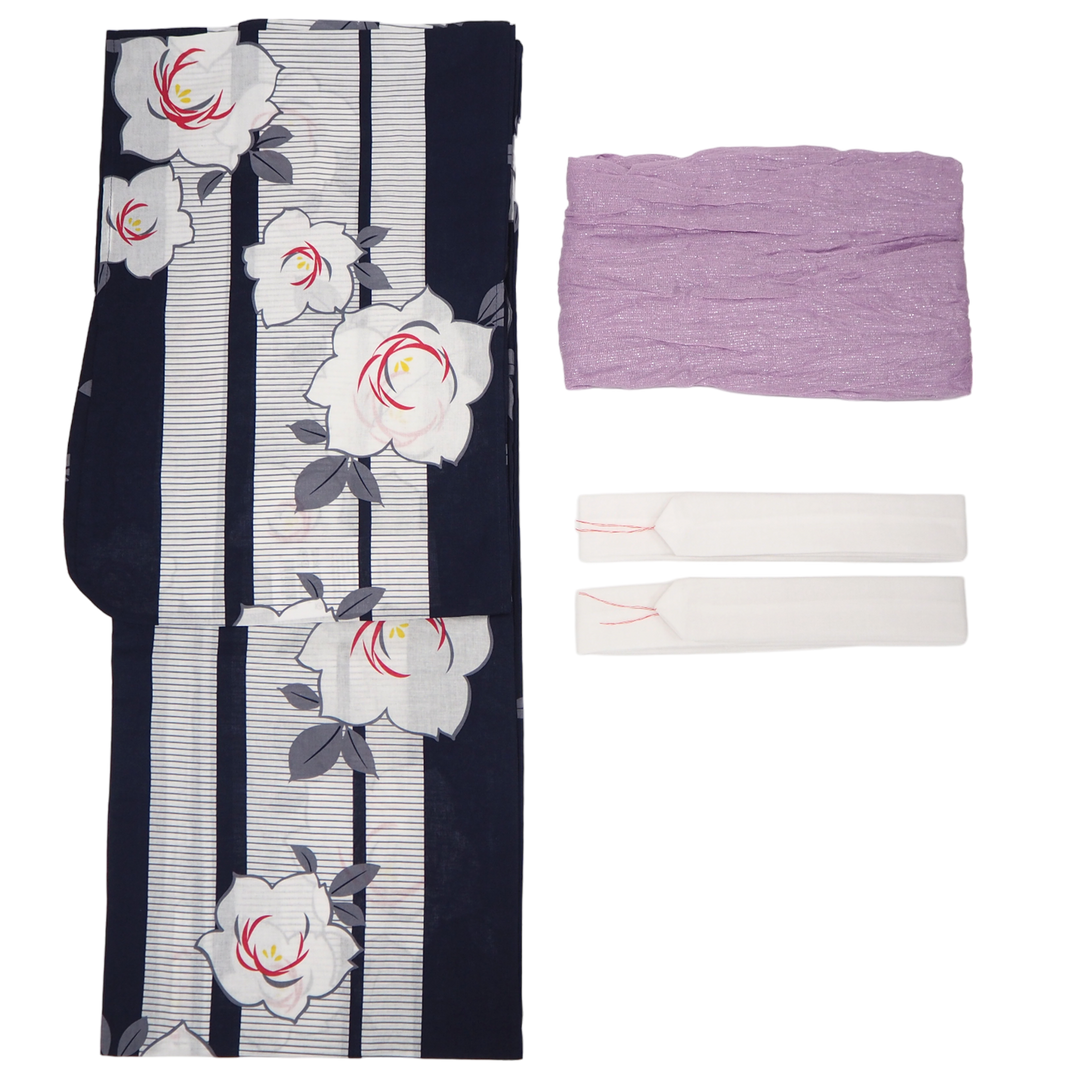 Women's Yukata Coordinate Set of 3 For Beginners : Navy Yukata & Lavender Obi