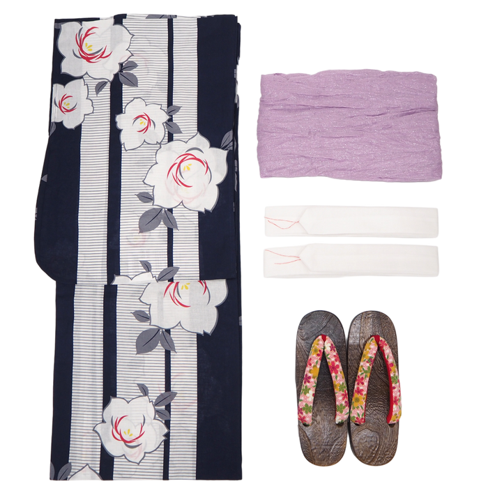 Women's Yukata Coordinate Set of 3 For Beginners : Navy Yukata & Lavender Obi