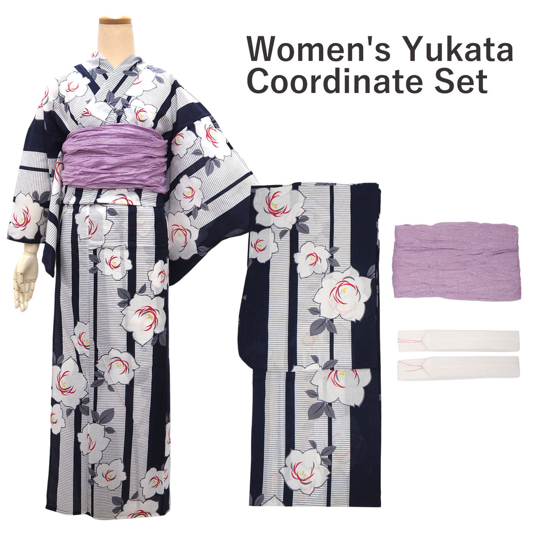 Women's Yukata Coordinate Set of 3 For Beginners : Navy Yukata & Lavender Obi