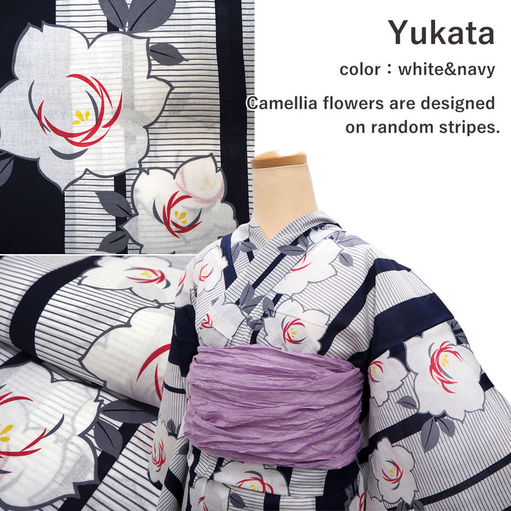 Women's Yukata Coordinate Set of 3 For Beginners : Navy Yukata & Lavender Obi