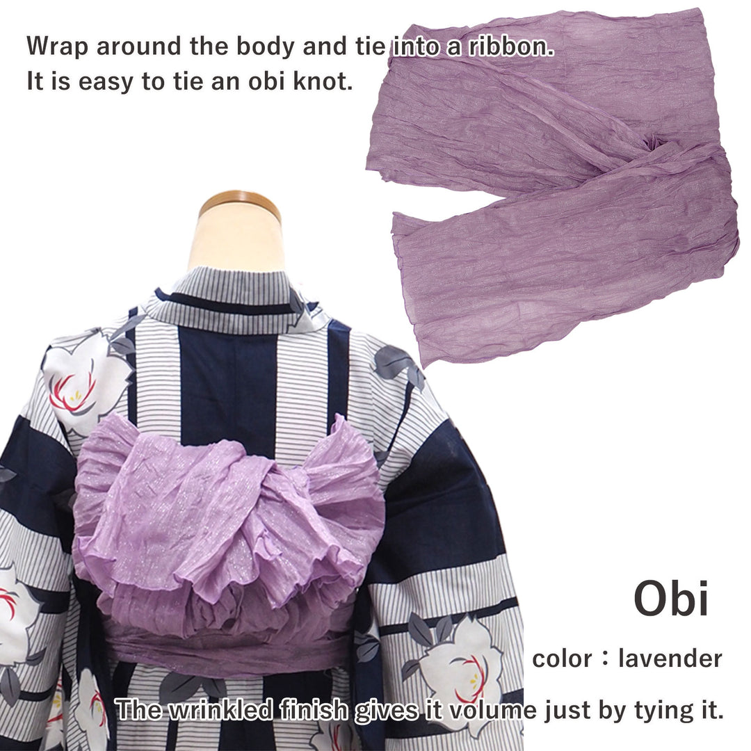 Women's Yukata Coordinate Set of 3 For Beginners : Navy Yukata & Lavender Obi