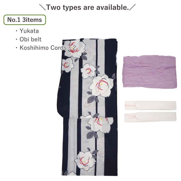 Women's Yukata Coordinate Set of 3 For Beginners : Navy Yukata & Lavender Obi