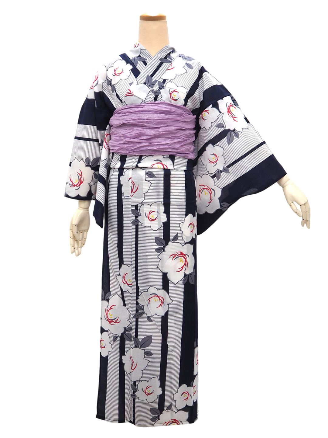 Women's Yukata Coordinate Set of 3 For Beginners : Navy Yukata & Lavender Obi