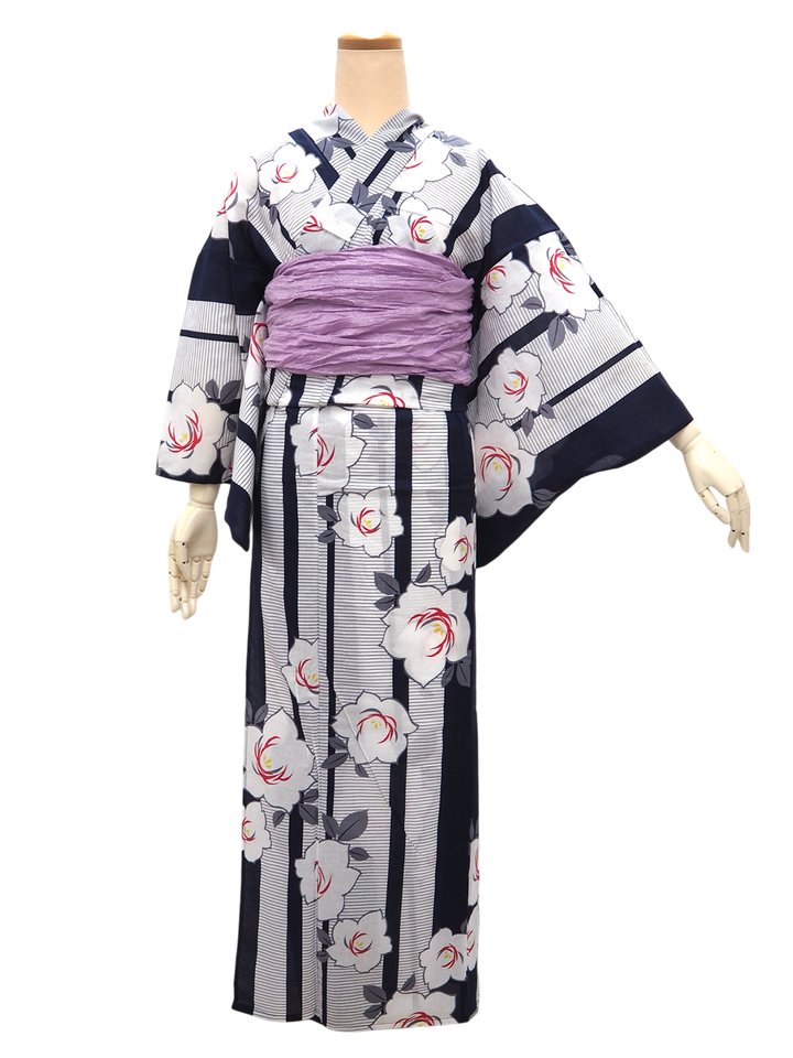 Women's Yukata Coordinate Set of 3 For Beginners : Navy Yukata & Lavender Obi