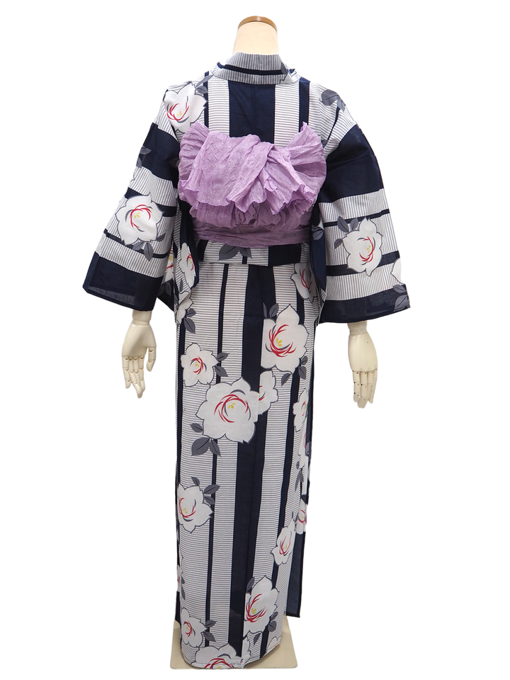 Women's Yukata Coordinate Set of 3 For Beginners : Navy Yukata & Lavender Obi