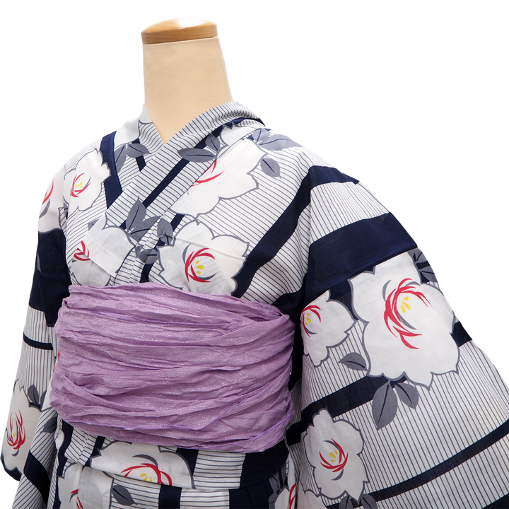 Women's Yukata Coordinate Set of 3 For Beginners : Navy Yukata & Lavender Obi