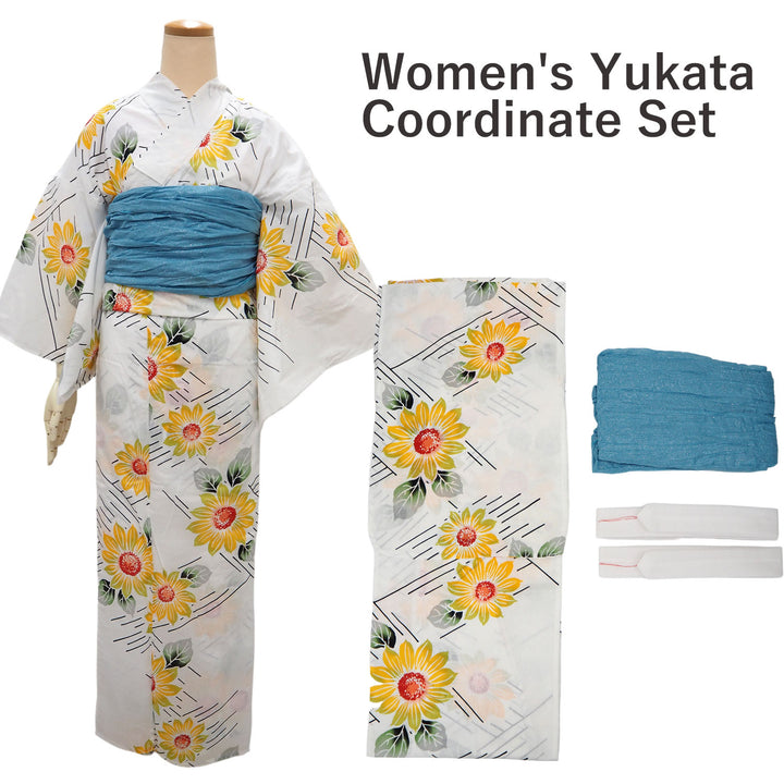 Women's Yukata Coordinate Set of 3 For Beginners : White Yukata &Sky blue Obi