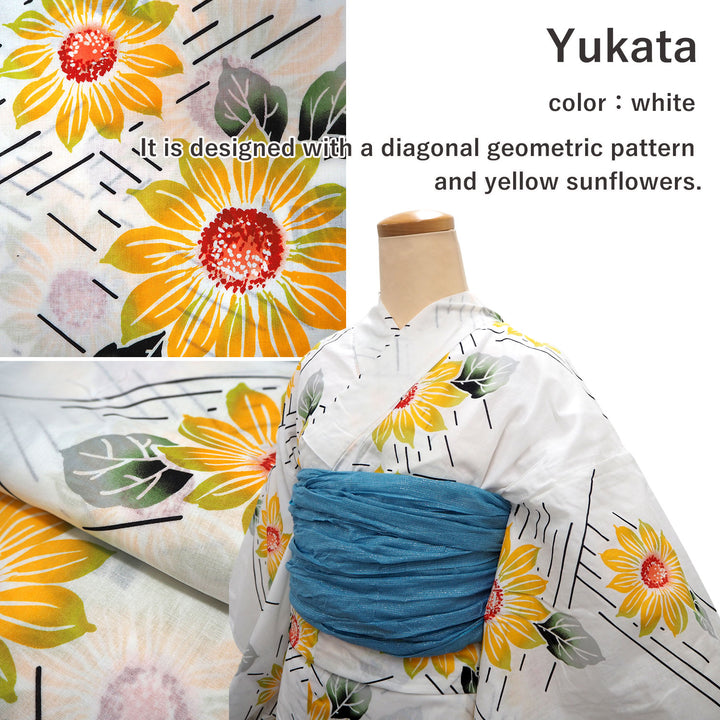 Women's Yukata Coordinate Set of 3 For Beginners : White Yukata &Sky blue Obi