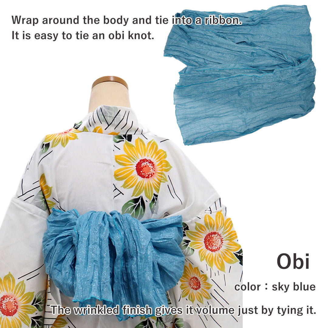 Women's Yukata Coordinate Set of 3 For Beginners : White Yukata &Sky blue Obi