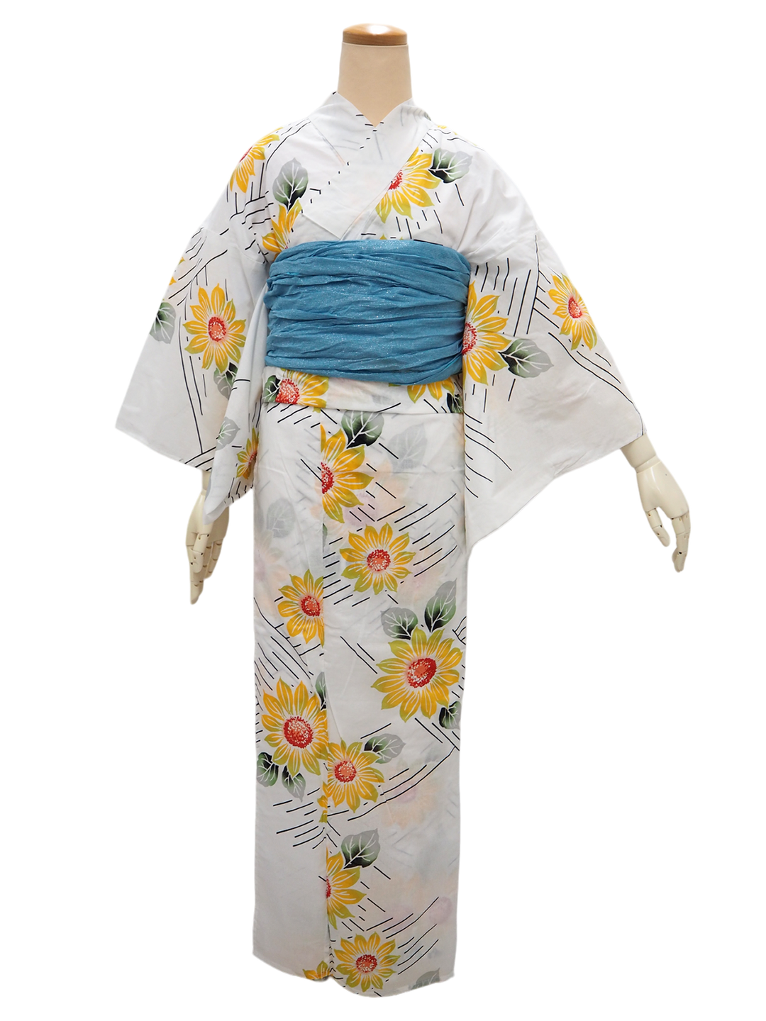 Women's Yukata Coordinate Set of 3 For Beginners : White Yukata &Sky blue Obi