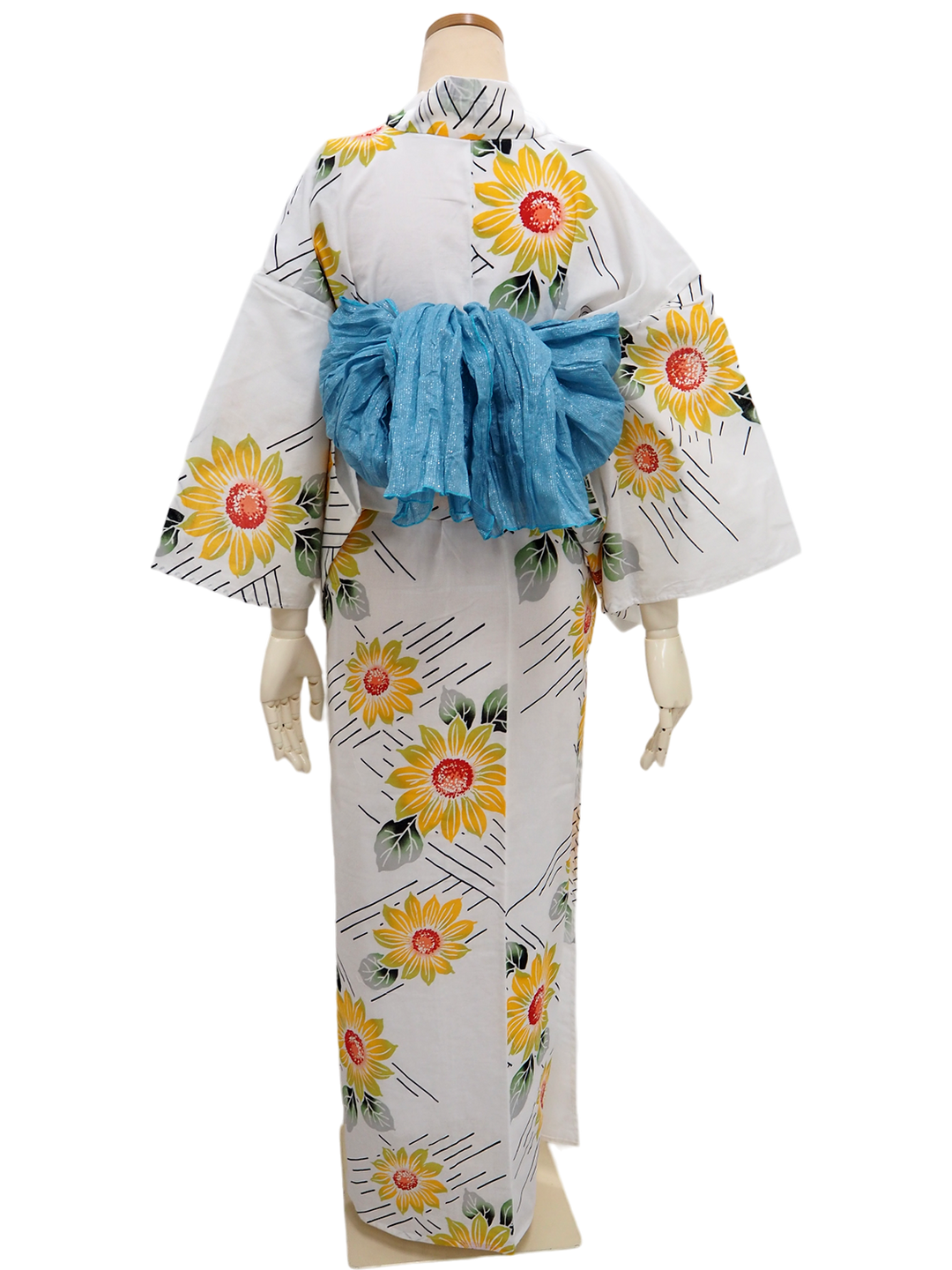 Women's Yukata Coordinate Set of 3 For Beginners : White Yukata &Sky blue Obi