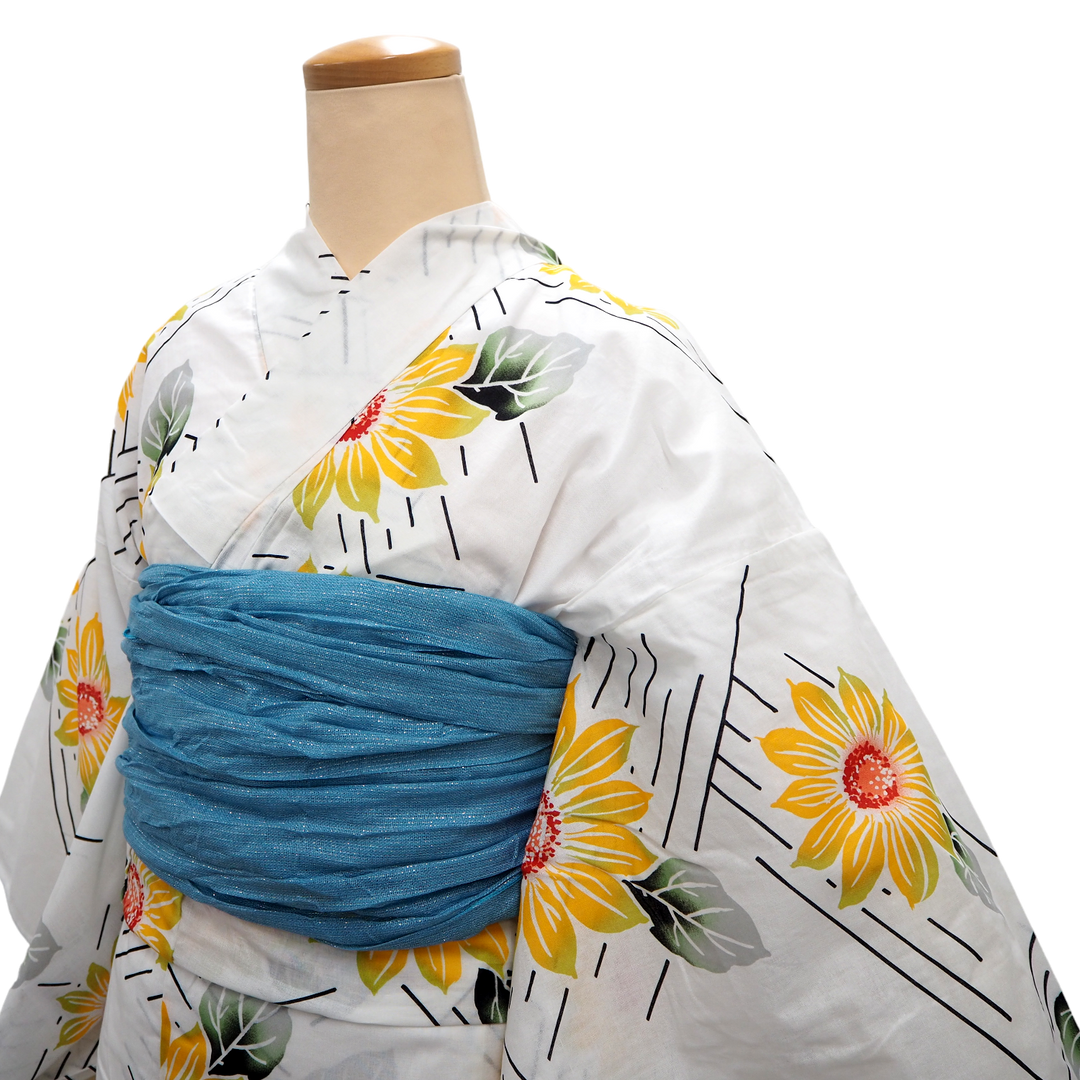 Women's Yukata Coordinate Set of 3 For Beginners : White Yukata &Sky blue Obi