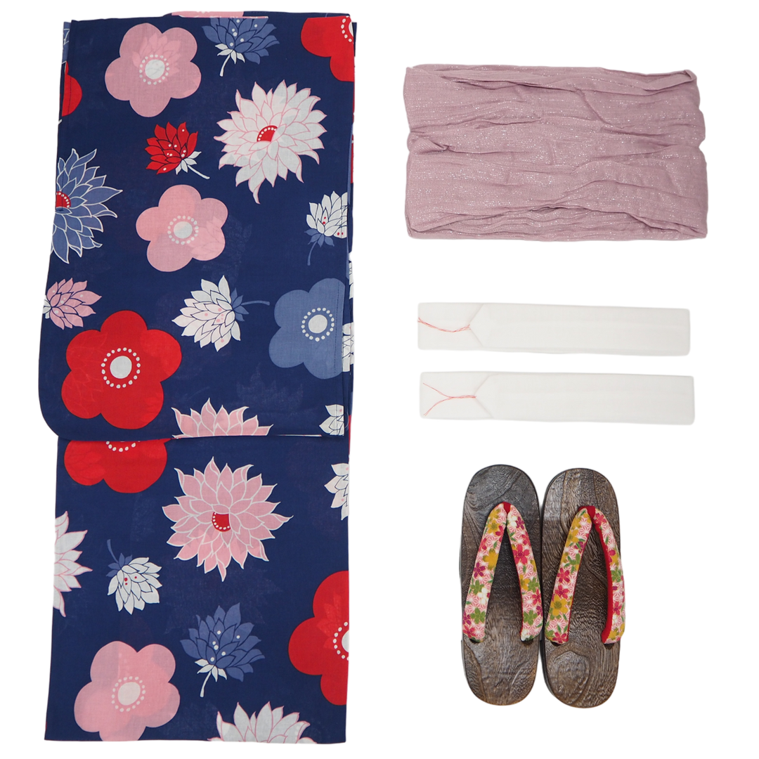 Women's Yukata Coordinate Set of 3 For Beginners : Navy Yukata & Rose mist Obi