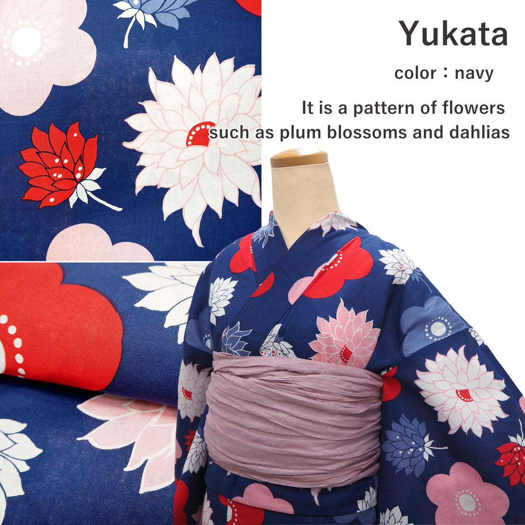 Women's Yukata Coordinate Set of 3 For Beginners : Navy Yukata & Rose mist Obi