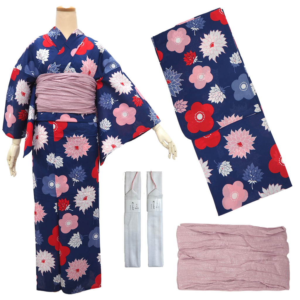Women's Cotton Yukata Coordinate Set For Beginners : Navy Yukata