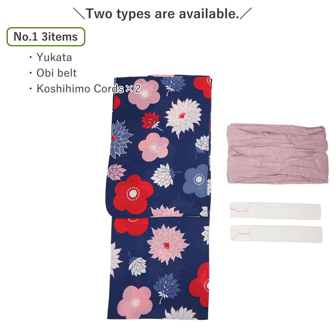 Women's Yukata Coordinate Set of 3 For Beginners : Navy Yukata & Rose mist Obi