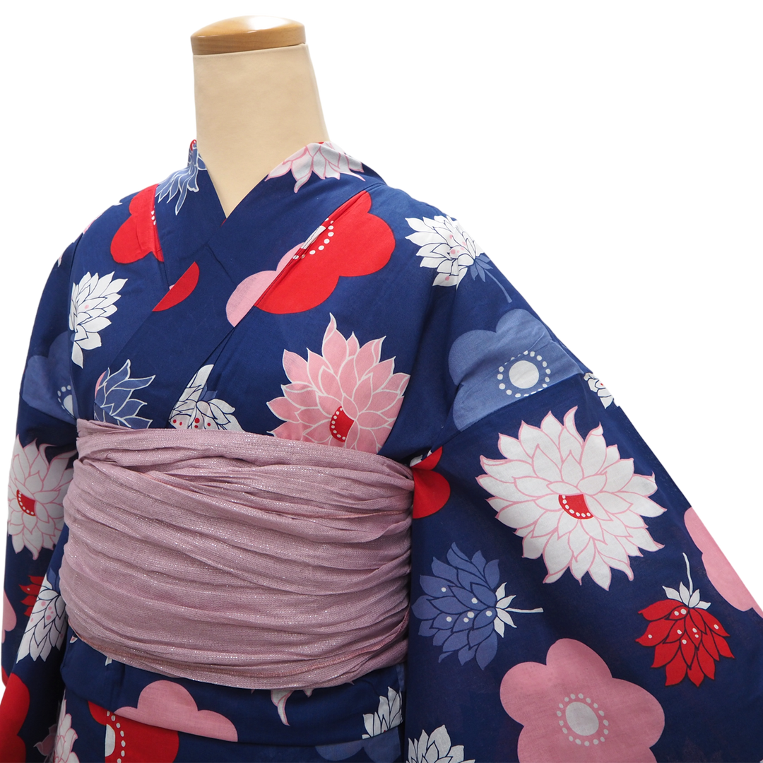 Women's Yukata Coordinate Set of 3 For Beginners : Navy Yukata & Rose mist Obi