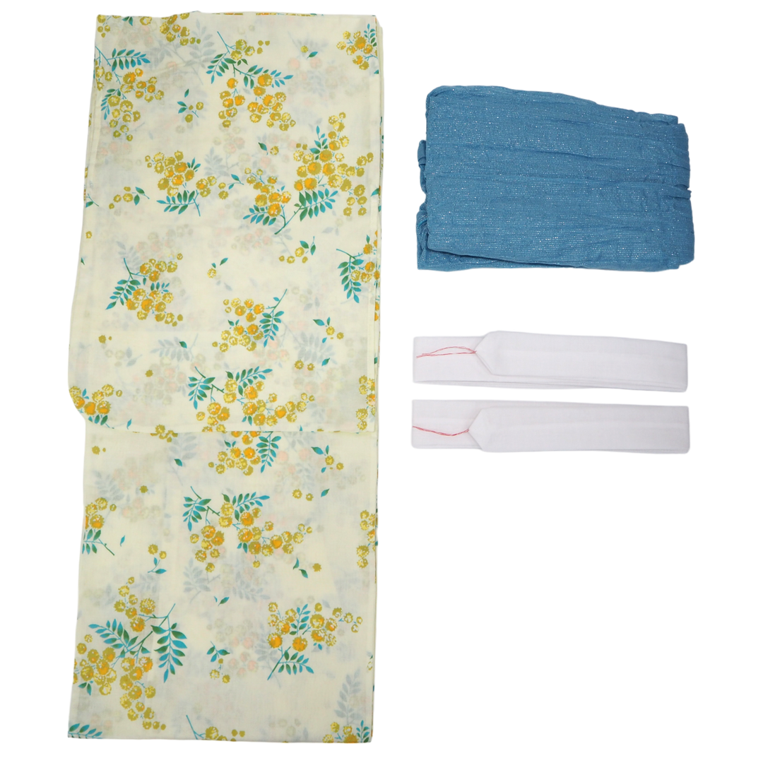 Women's Yukata Coordinate Set of 3 For Beginners : Cream Yukata & Sky Blue Obi