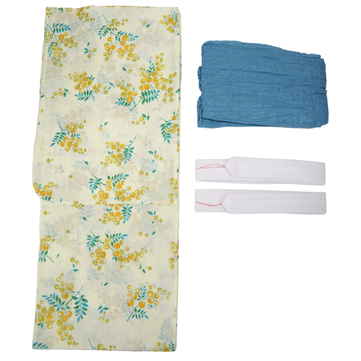 Women's Yukata Coordinate Set of 3 For Beginners : Cream Yukata & Sky Blue Obi