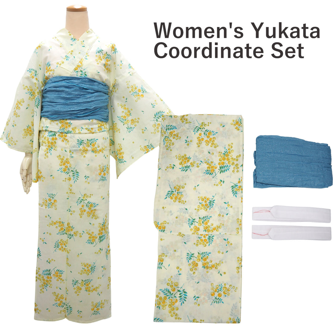 Women's Yukata Coordinate Set of 3 For Beginners : Cream Yukata & Sky Blue Obi