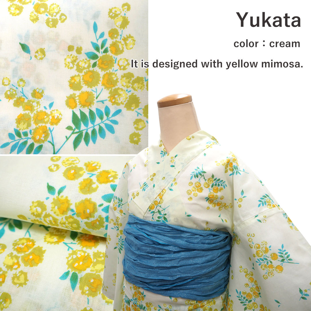 Women's Yukata Coordinate Set of 3 For Beginners : Cream Yukata & Sky Blue Obi