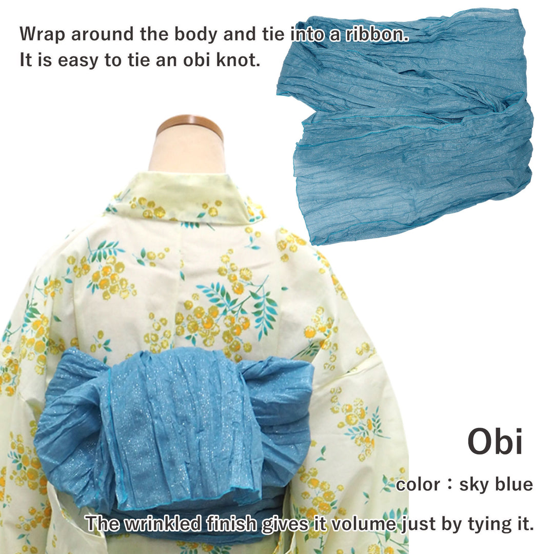 Women's Yukata Coordinate Set of 3 For Beginners : Cream Yukata & Sky Blue Obi