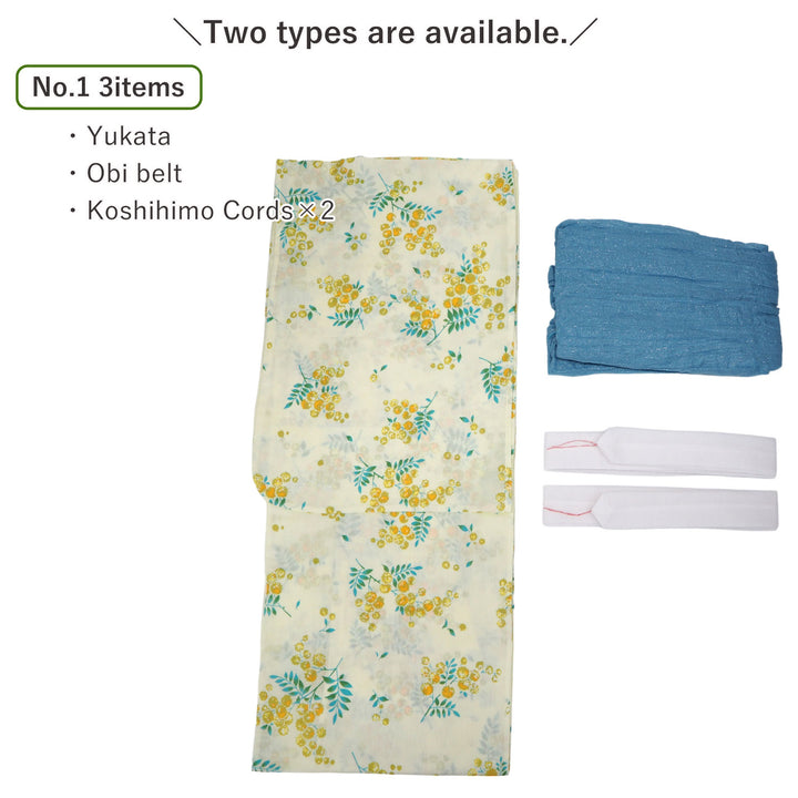 Women's Yukata Coordinate Set of 3 For Beginners : Cream Yukata & Sky Blue Obi