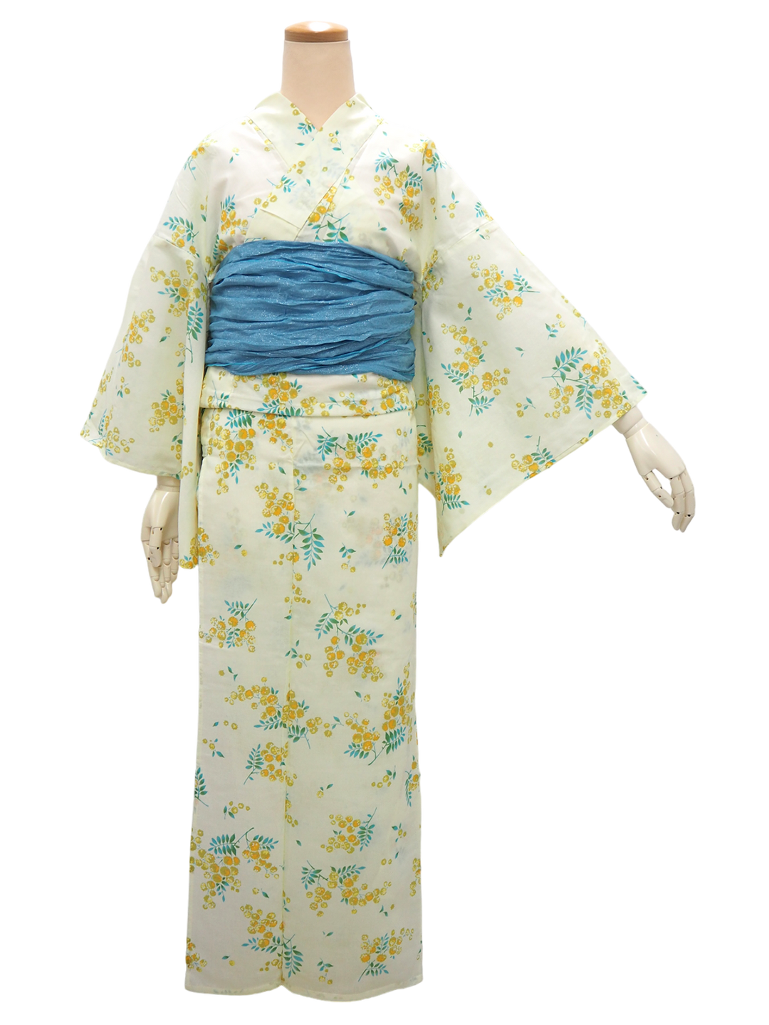 Women's Yukata Coordinate Set of 3 For Beginners : Cream Yukata & Sky Blue Obi