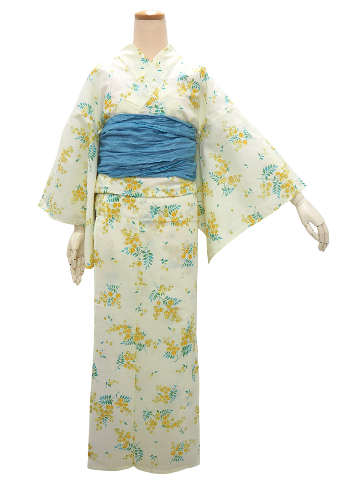 Women's Yukata Coordinate Set of 3 For Beginners : Cream Yukata & Sky Blue Obi