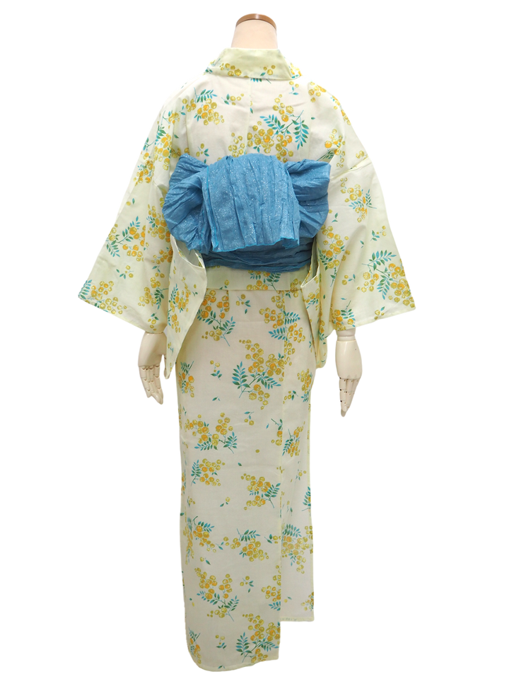 Women's Yukata Coordinate Set of 3 For Beginners : Cream Yukata & Sky Blue Obi