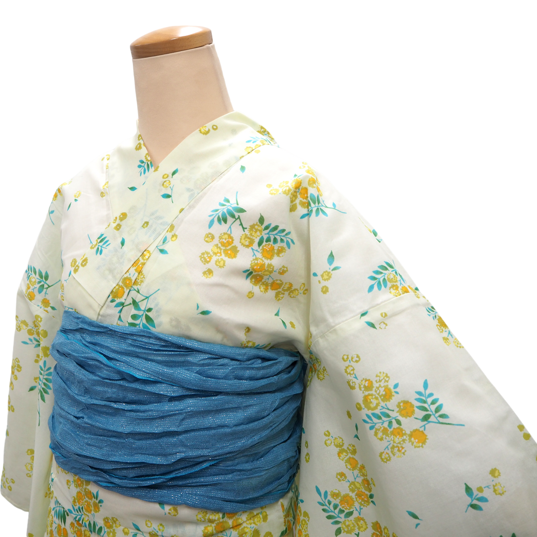 Women's Yukata Coordinate Set of 3 For Beginners : Cream Yukata & Sky Blue Obi