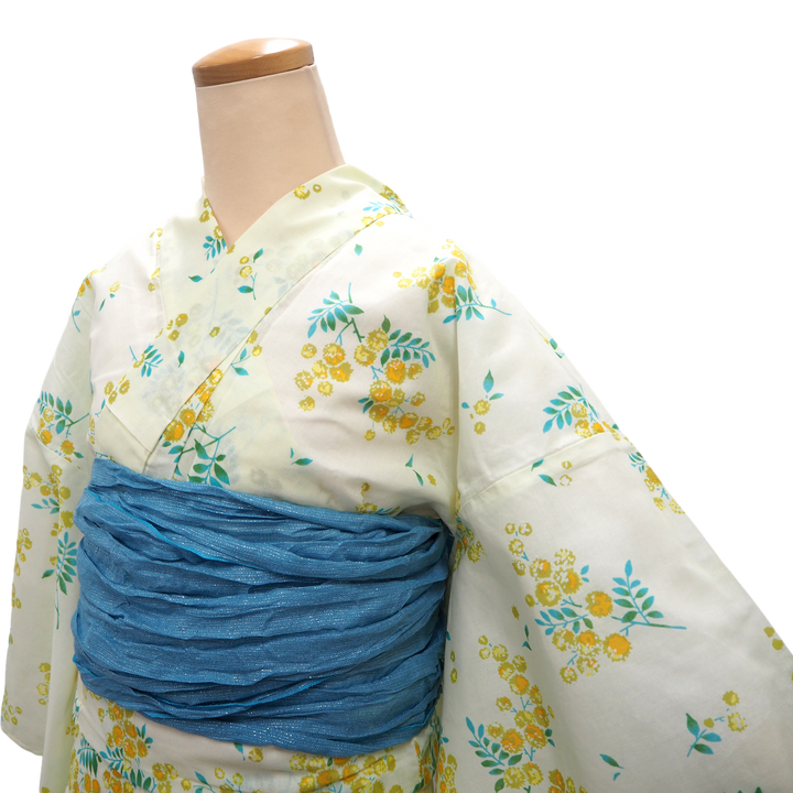 Women's Yukata Coordinate Set of 3 For Beginners : Cream Yukata & Sky Blue Obi