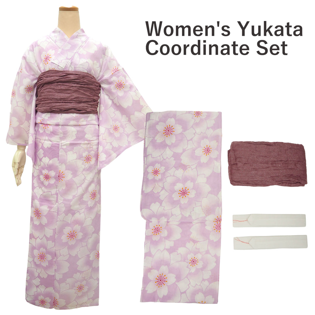 Women's Yukata Coordinate Set of 3 For Beginners : Light purple Yukata & Old Lilac Obi