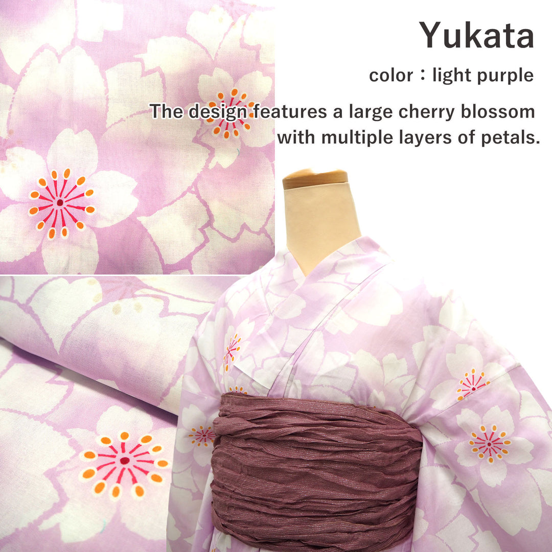 Women's Yukata Coordinate Set of 3 For Beginners : Light purple Yukata & Old Lilac Obi