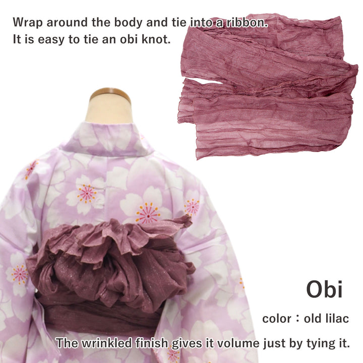 Women's Yukata Coordinate Set of 3 For Beginners : Light purple Yukata & Old Lilac Obi