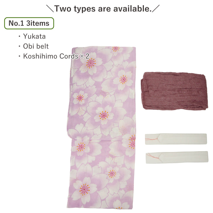 Women's Yukata Coordinate Set of 3 For Beginners : Light purple Yukata & Old Lilac Obi